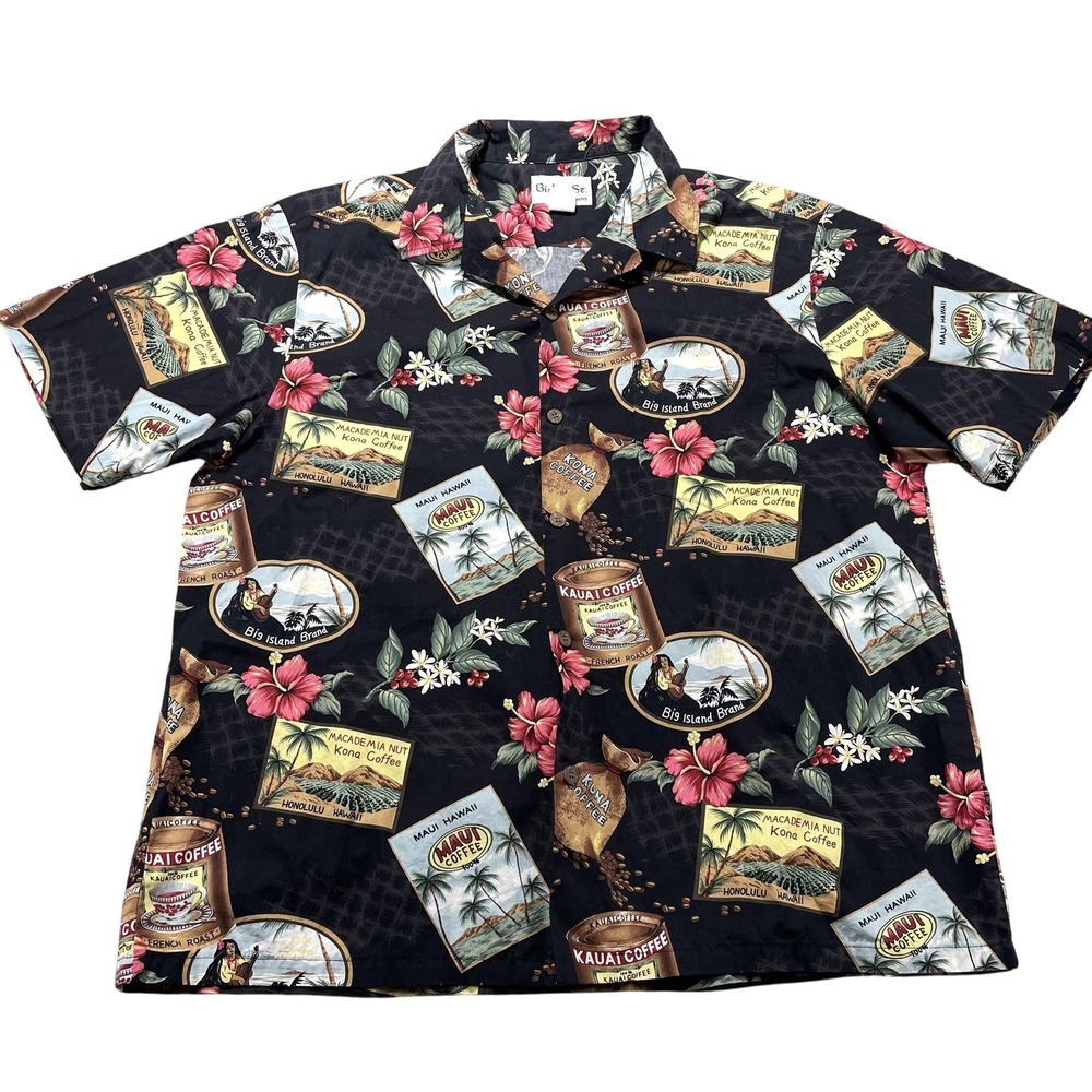 Bishop‎ St. Shirt Mens 2XL Black Hawaiian Aloha Coffee Tropical Button Front VTG